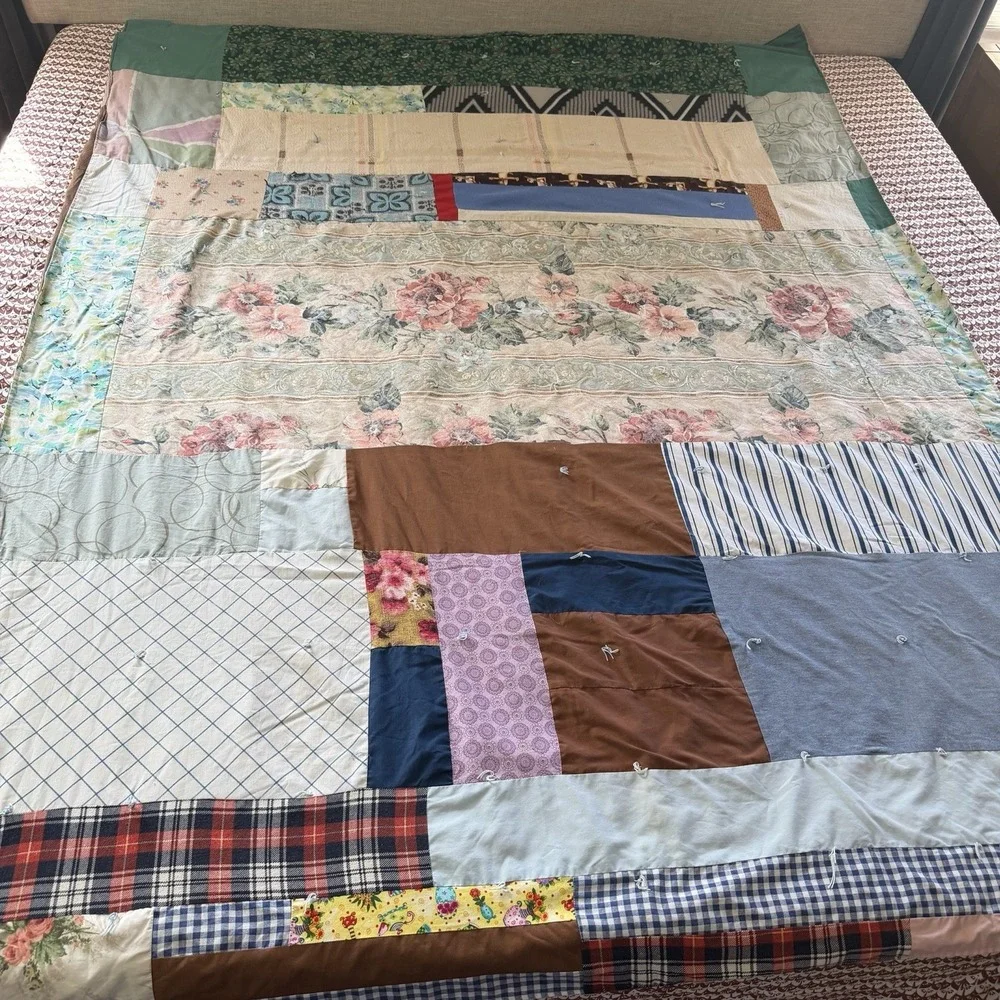 Vintage Handmade Scrap Patchwork Tie Quilt Folk Art Primitive Throw